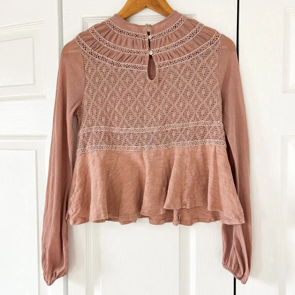 Free People Floral Lace High Neck Peplum Blouse Pink Mauve XS EUC Boho Chic